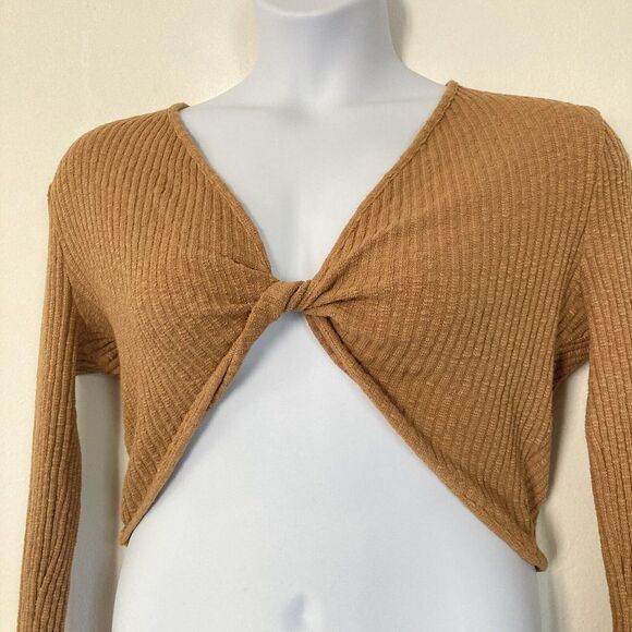 Lisa Says Gah Crop Top XL Caro Twist Front Rib Knit Tan Brown Long Sleeve - Picture 11 of 11
